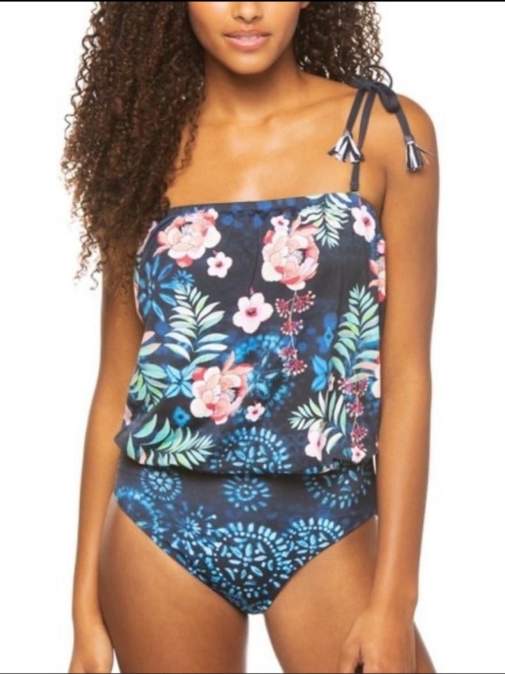 Johnny Was Annia Blouson One Piece Swimsuit Blue Floral Size Small NWT